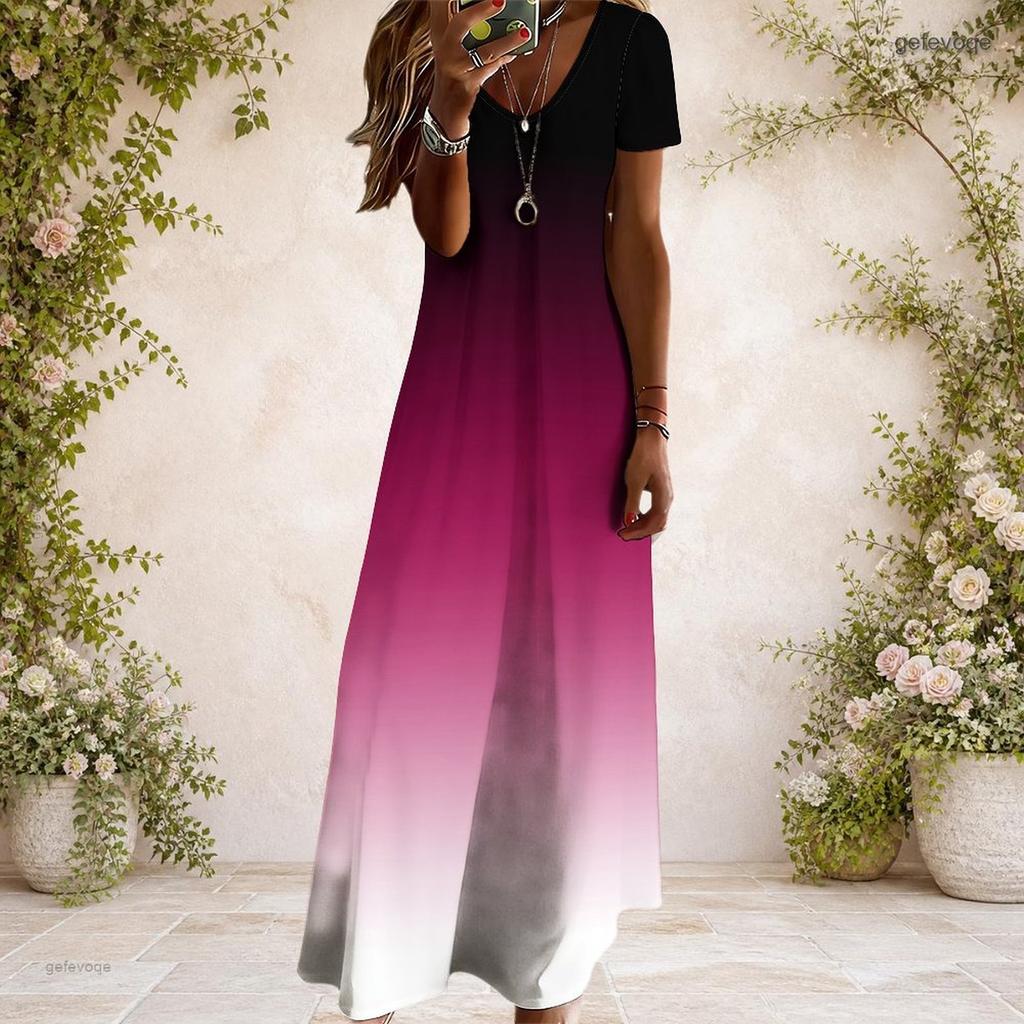 Women Plus Size V Neck Short Sleeve Colorful Floral Printed Straight Long Dress