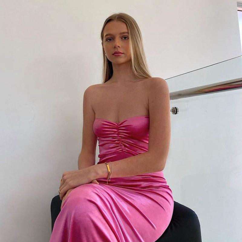 

Женское платье Летняя клубная вечеринка без рукавов Элегантное платье макси с открытыми плечами и рюшами L розы красного