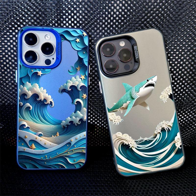 Marine Sharks Dolphins Blue Sea Waves Phone Case for iPhone 16 15 Pro Max Plus 14 13 Mini 12 11 Pro Max Shockproof Laser Covers