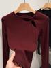 Wine Red Hollow Design Slim-Fit Long Sleeve Top for Women - Spring/Autumn Korean Style