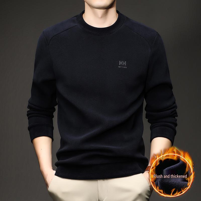 Men s 2025 Autumn/Winter Round Neck Fleece Hoodie Long Sleeve Casual Thickened T-Shirt 3XL