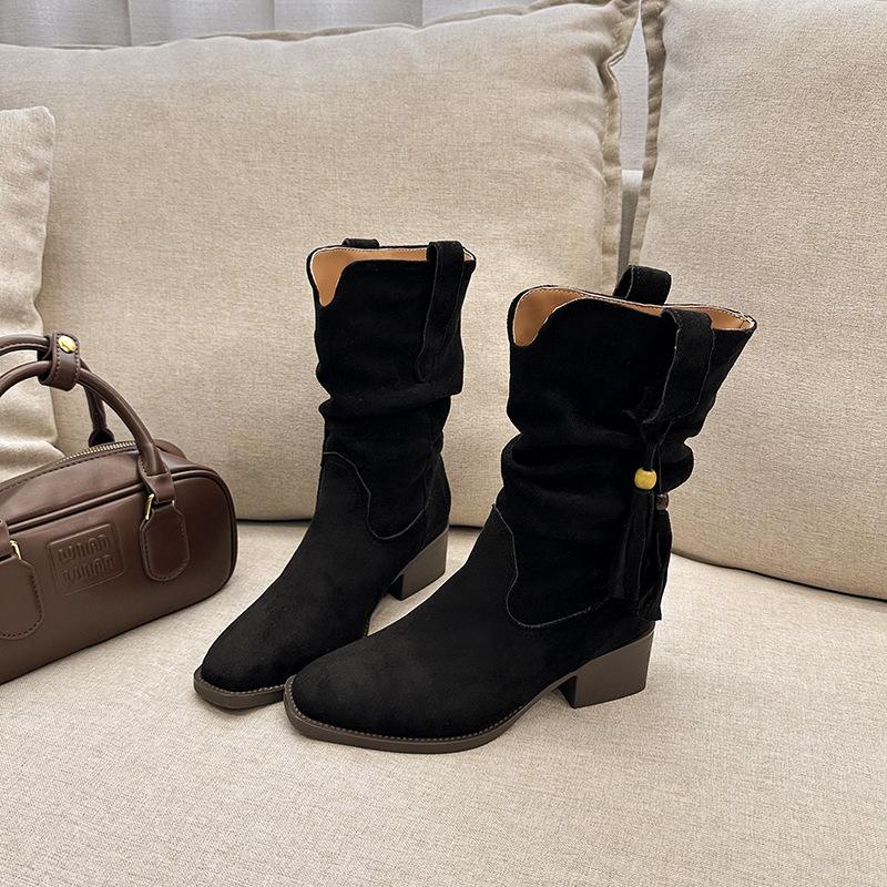 2025 autumn and winter new retro suede thick heel western boots Martin boots women's boots comfortable and versatile stacking boots