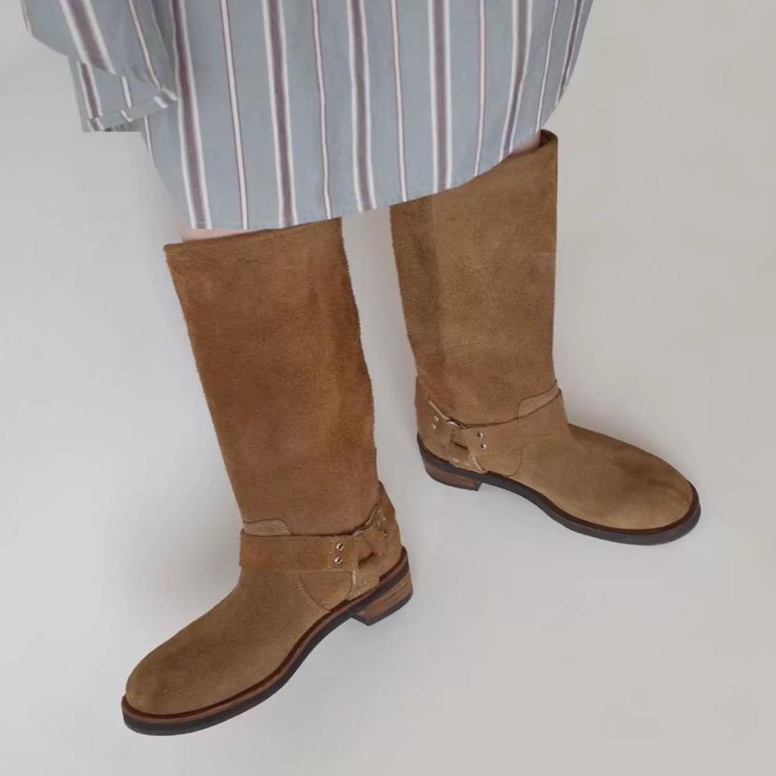 Cowhide version~ retro fashionable thick-soled western cowboy boots women's genuine leather round head turned fur tall Martin knight boots