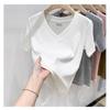 Fashion V-neck Front Shoulder T-shirt Short-sleeved Women's Slim and Thin Summer Sexy Waist Pinching Machine, Waist and Thin Tops Are Trendy