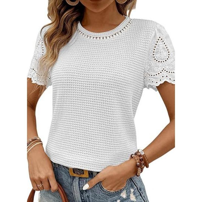 Round Neck Lace Sleeve Splicing Women Blouse Fashion Short Sleeve Summer Lace Shirts Sweet Casual Grid Tops Simple Solid T-shirt Hollow Out Clothes S белый