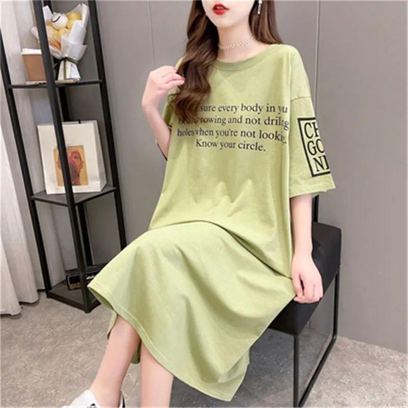 Plus Size Women Summer Short Sleeve Dress Korean Style Loose Mid Dresses Oversized Letter Print Black Dress