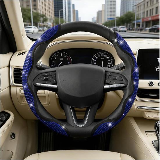 2PCS Bling Car Steering Wheel Cover, Crystal Rhinestones Segmented Vehicle Steering Wheel Wrap Cover, Sparkly Automotive Interior Protective