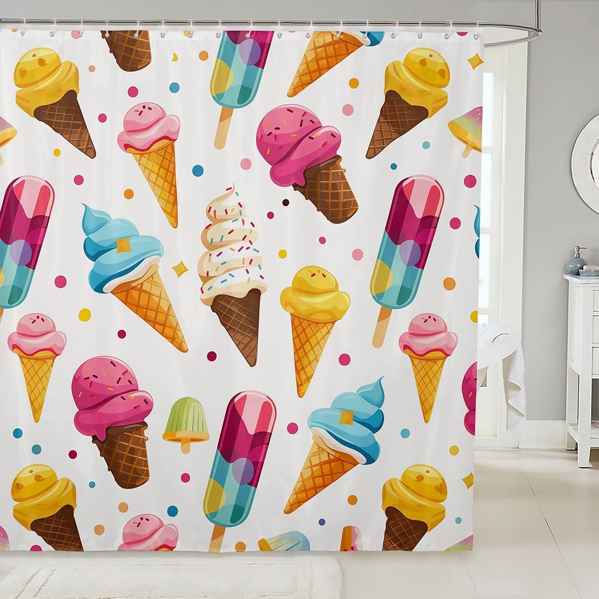 

Girls Ice Cream Shower Curtain Cartoon Dessert Pattern Fabric Shower Curtain Kids Colorful Ice Cream Cake Bathroom Waterproof 90x180CM