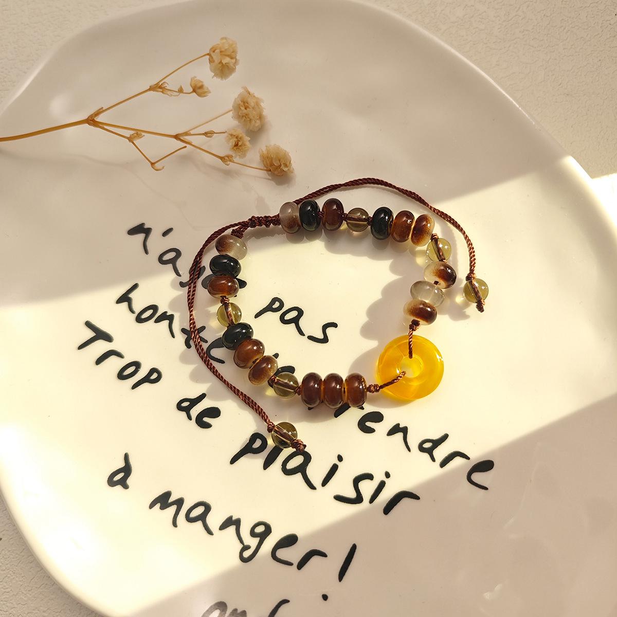 Melanoid Brown Handmade Beaded Ping An Kou Bracelet for Women: Elegant Chinese-Inspired, Retro Simple, and Versatile Wristband