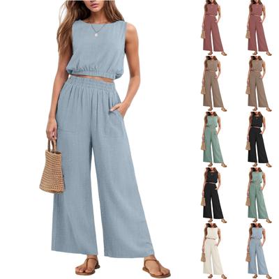 Women's Fashion Casual Sleeveless Tank Top With Elastic Hem And High Waisted Wide Leg Two Piece Set