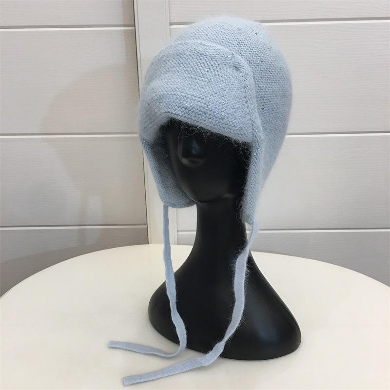 

Huge cute winter thickened rabbit hair knitted flying hat girls college wind warm ear protection wool 55- 58CM