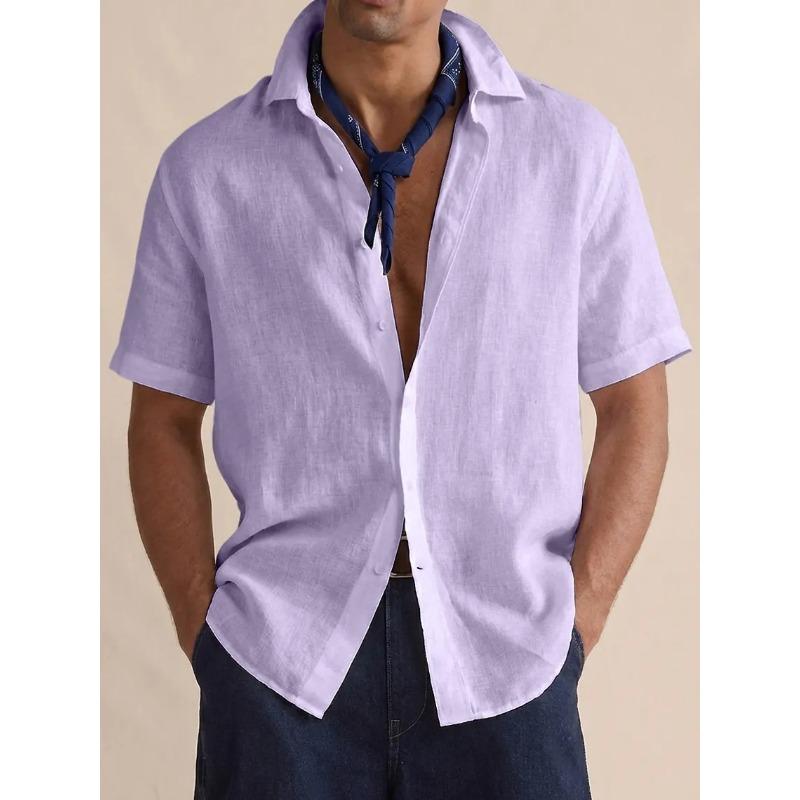 Mens Casual Solid Color Linen Short Sleeve Button Up Shirt