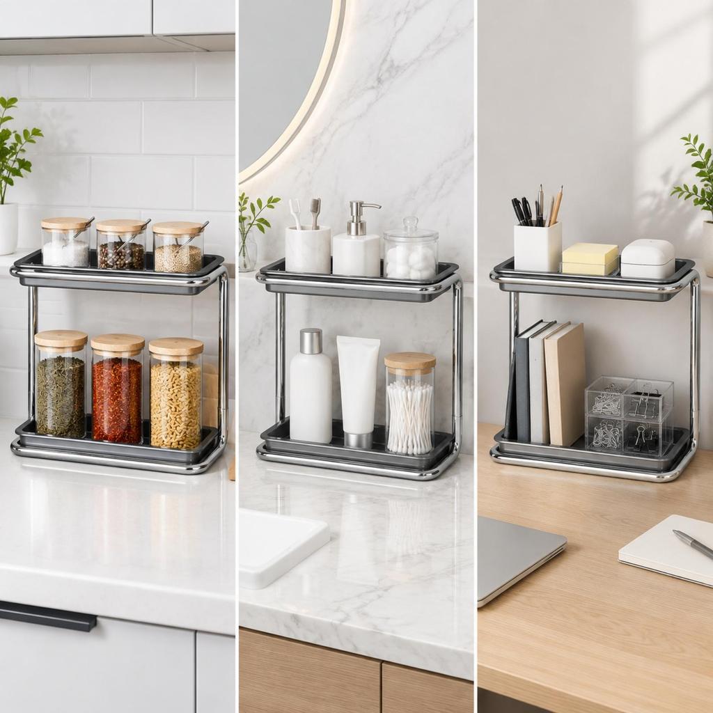 TwoTier Countertop Storage Rack SpaceSaving Organizer with Raised Tray Edges Sturdy Tubular