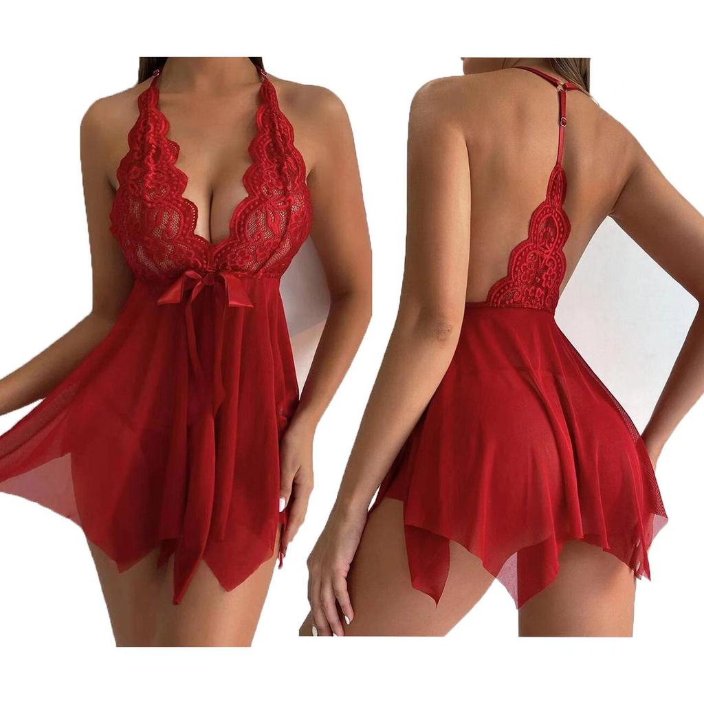 Sexy Lace Deep V Halter Nightgown - Sheer Cross-Border European & American Lingerie for Women