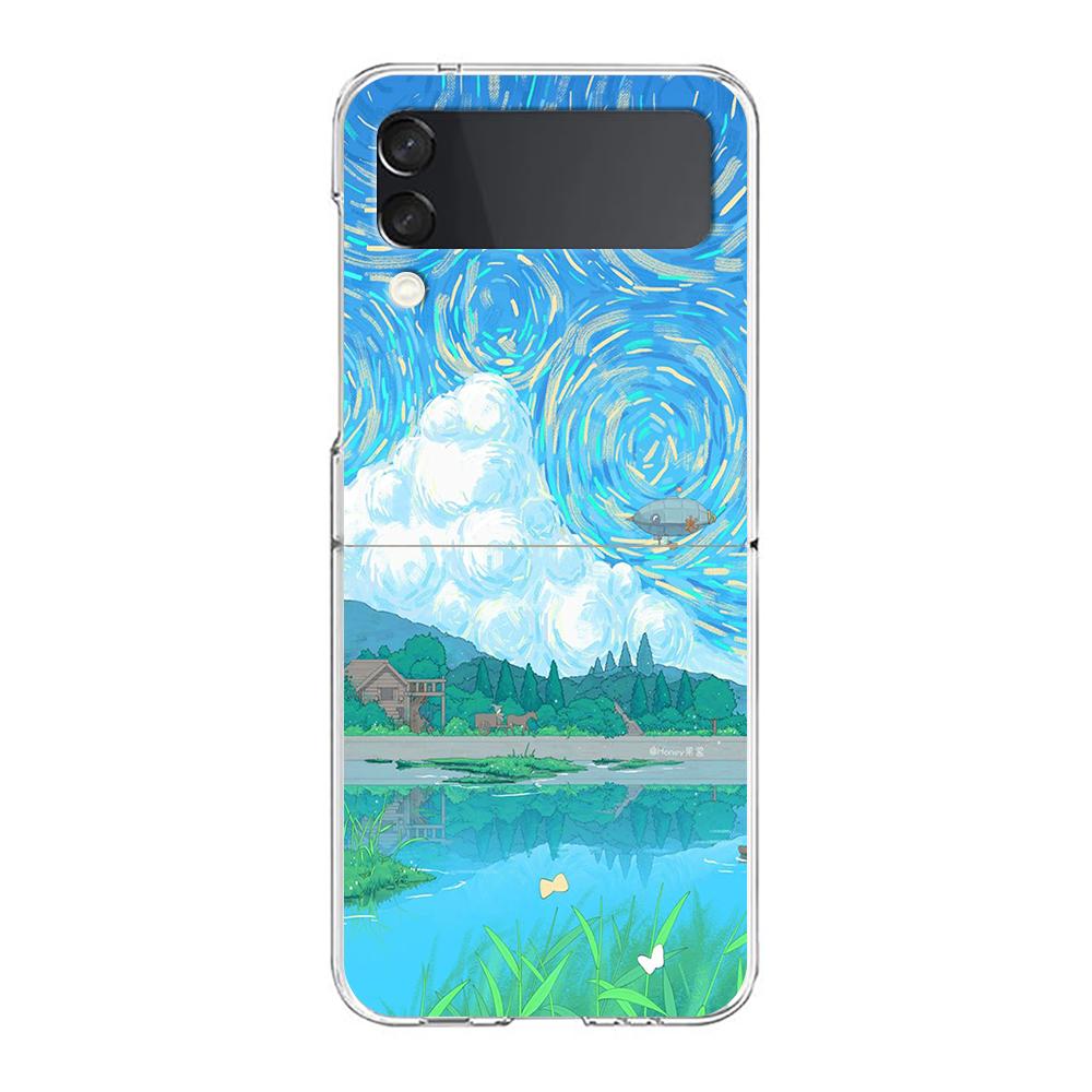 INS Korean Sunset Scenery Case For Samsung Galaxy Z Flip 3 4 5G Hard HD Folding PC Phone Cases For Samsung Z Flip3 Clear Cover