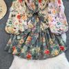 Summer Autumn Women Vintage Print Designer Runway Dresses Full Sleeve Mini Short Party Dresses with Belt
