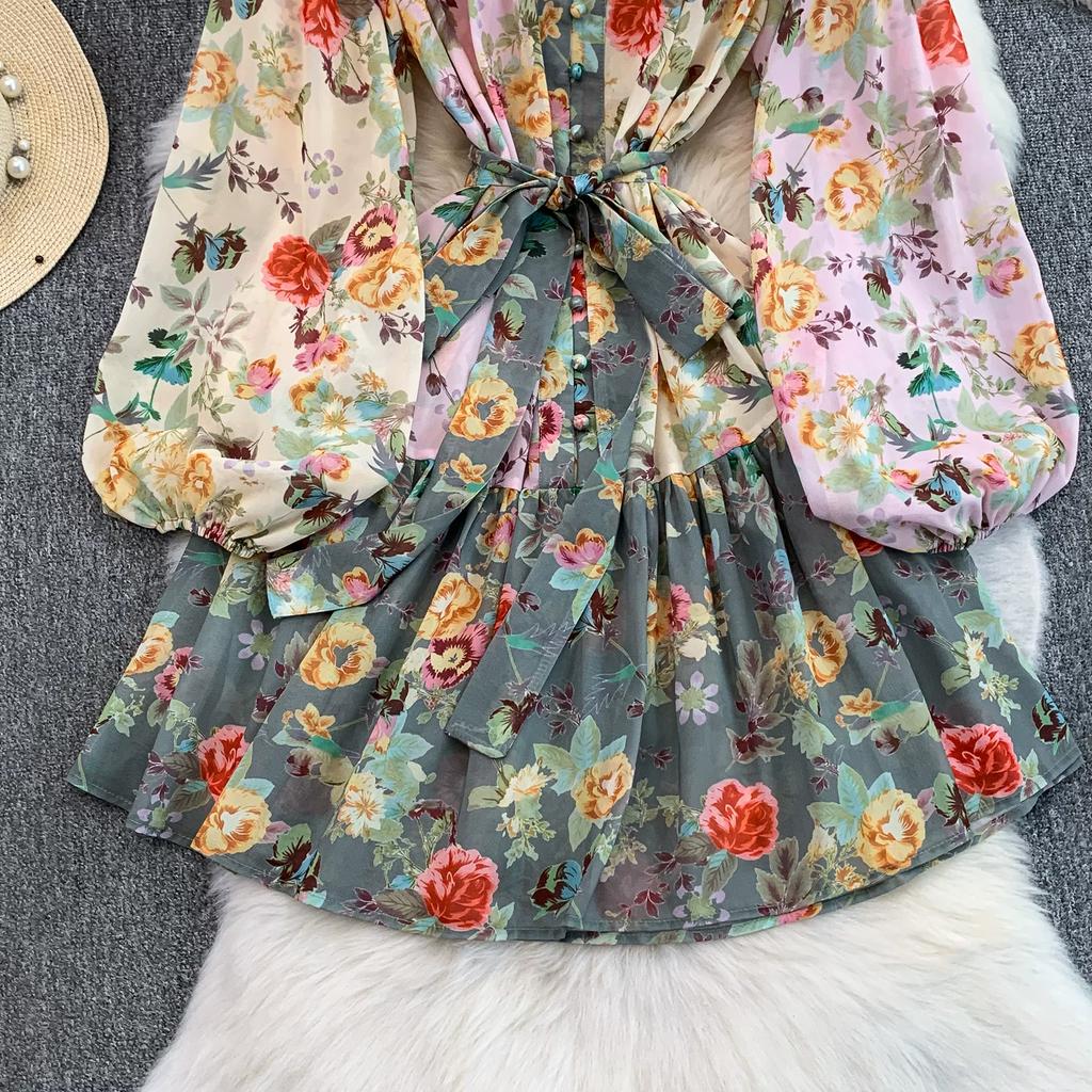 Summer Autumn Women Vintage Print Designer Runway Dresses Full Sleeve Mini Short Party Dresses with Belt
