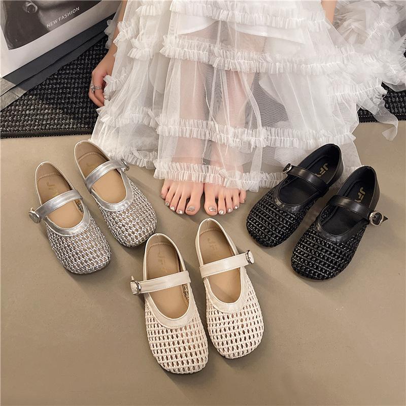 Single Shoes Women's French Mary Jane New Shallow Mouth Hollow Fishing Net Crocheted Silver 2025 Summer Roman Bean Shoes Women's Shoes