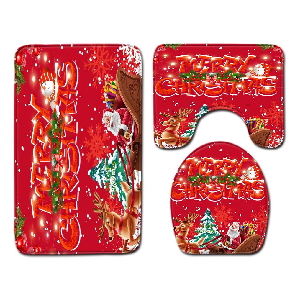 Christmas Shower Curtain Floor Mat Combination Four-Piece Set Bathroom Toilet Carpet Shower Room Mat Foot Mat