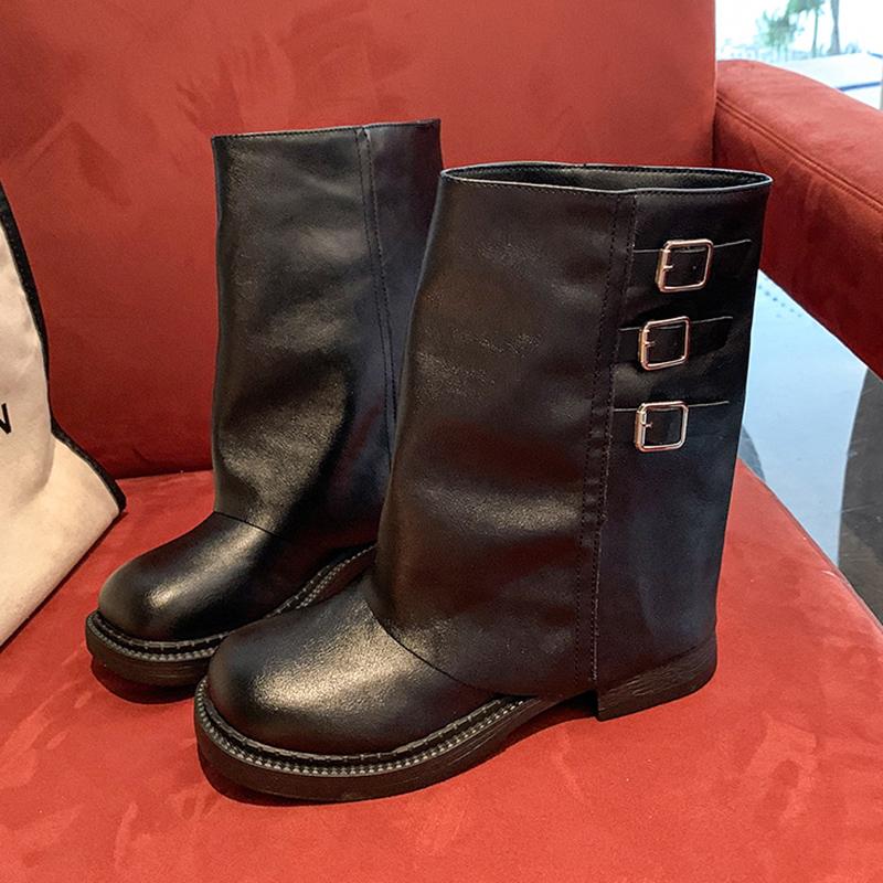 

Зимние женские ботильоны на толстой подошве из кожи, модные туфли на среднем каблуке 2025 года, дизайнерские туфли-лодочки-гладиаторы для мотоциклистов, женские ботинки 40 чёрный