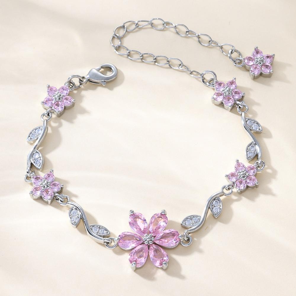 Luxury Green Leaf Flower Bracelet Fashion Exquisite Pink Cubic Zirconia Chain Sparkling Bow Shiny Rhinestone Bangle Wedding