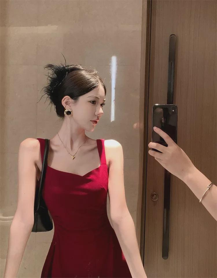 New Year's Red Slim Waist Suspender Dress for Women - Spring Daily Engagement Toast Dress