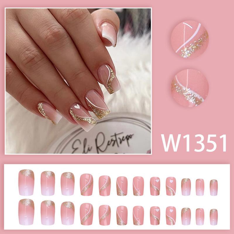 24 Pieces Pink white gradual change gold glitter simple decoration short temperament white nail art autumn and winter temperament white wear nail