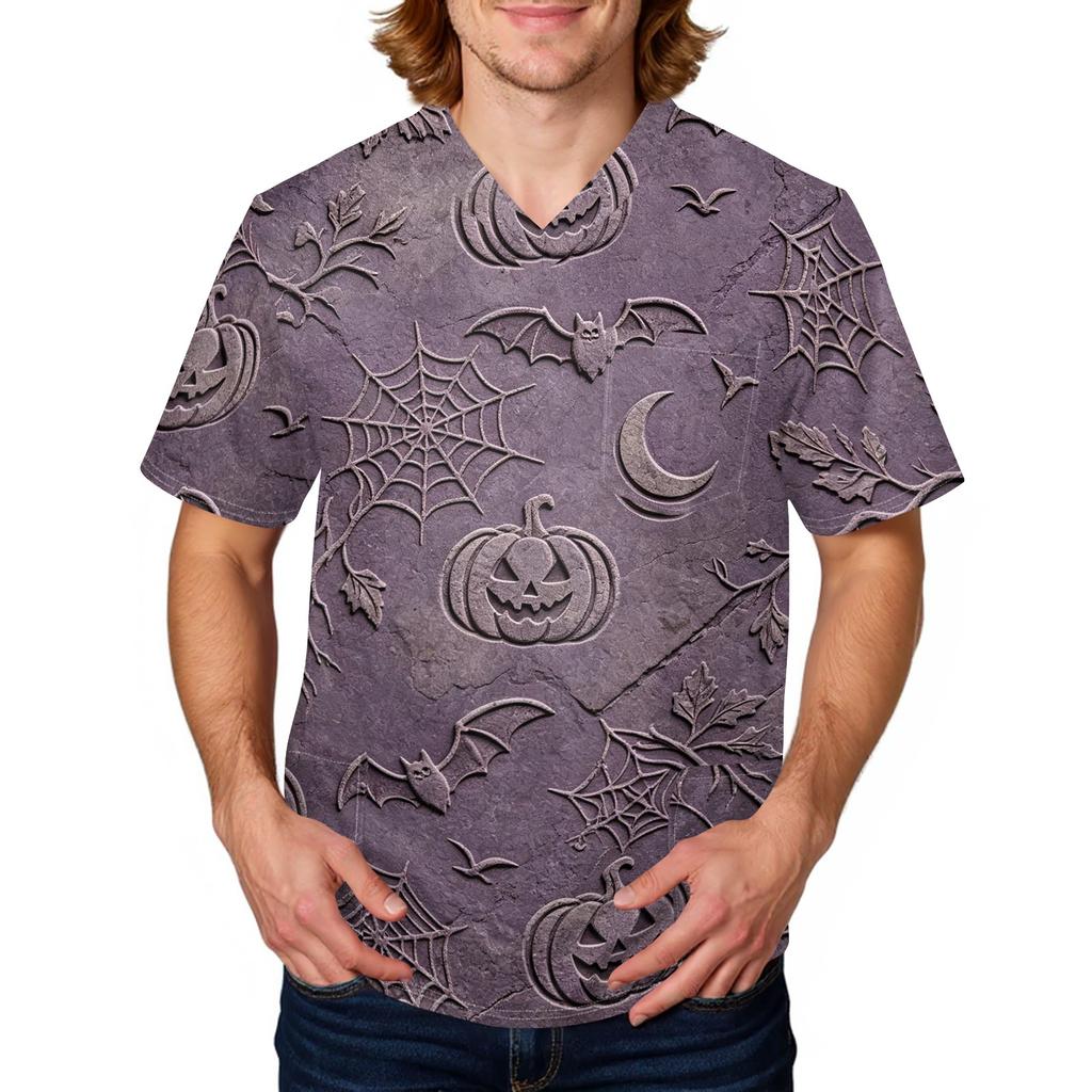 Herren Halloween Print Medizinische Kasack-Oberteil V-Ausschnitt mit Bindeband Taschen Bequeme Passform Tägliche Arbeitskleidung für medizinisches Fachpersonal