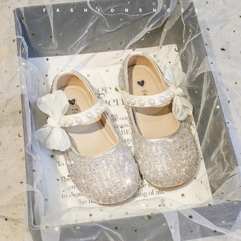 Girls Shiny Princess Shoes Little Kids Mary Jane Shoes for Party Wedding Fashion Children Sweet Pearls Shoes with Bow-knot