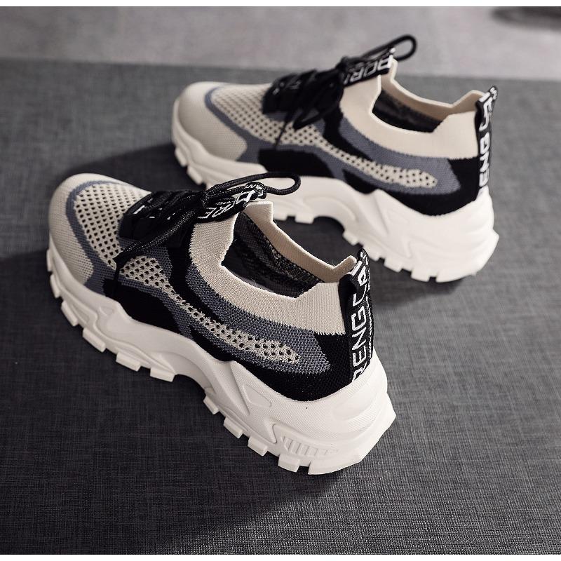 Nové sportovní dámské boty šněrovací módní prodyšné tkané fly-weave dámské boty platformové podrážka lehké dad boty módní trendy boty