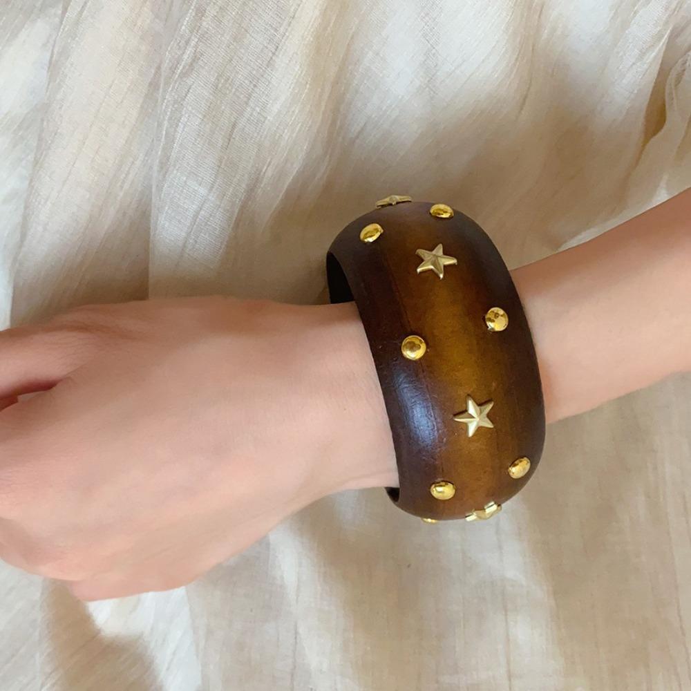Chinese Style Round Bracelet Punk Rivets Bangle Vintage Wooden Bracelet  Women