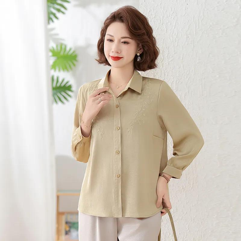 

Women s 3/4 Sleeve Embroidered Button Down Shirt For Middle Aged XL хаки