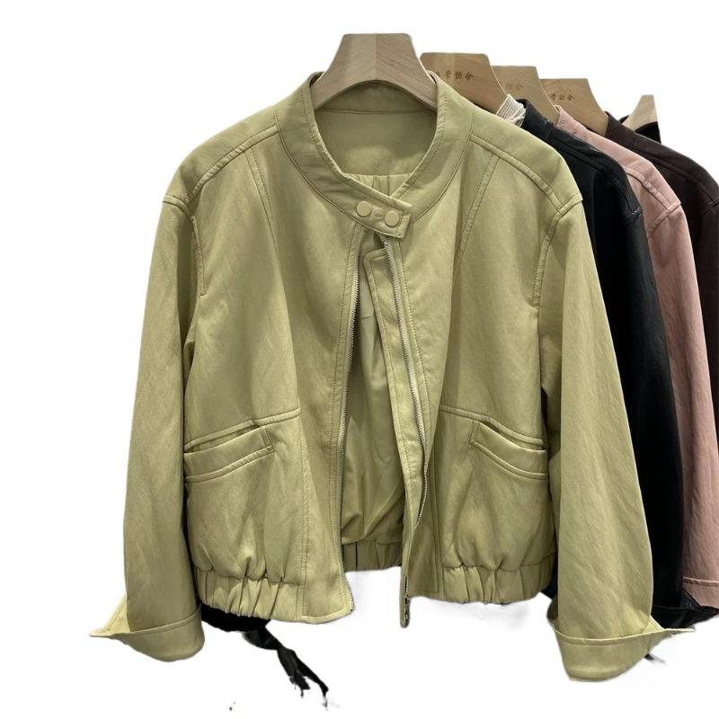 Leather jacket women's spring clothing new stand-up collar loose casual and thin black locomotive washed leather jacket trendy