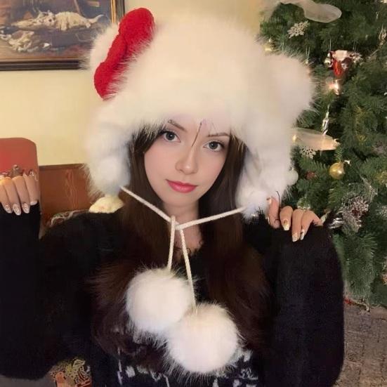 Yousheng Plush Hat Bowknot Decor Thermal Warm Winter Hat Plush Fabric Adjustable Fit Cat Hat Cold Weather Headwear