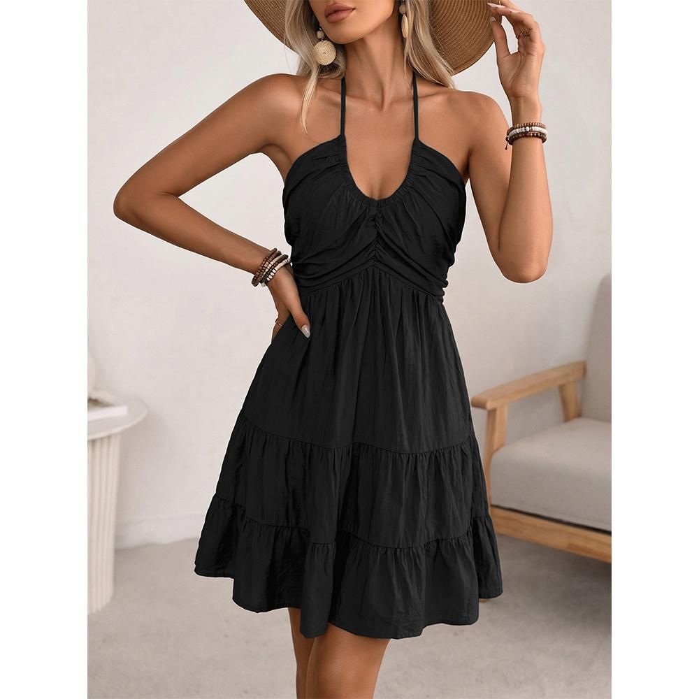 Women's Summer Mini Dress Halter Backless Sleeveless A Line Ruffle Hem Flowy Cami Dresses Sundress