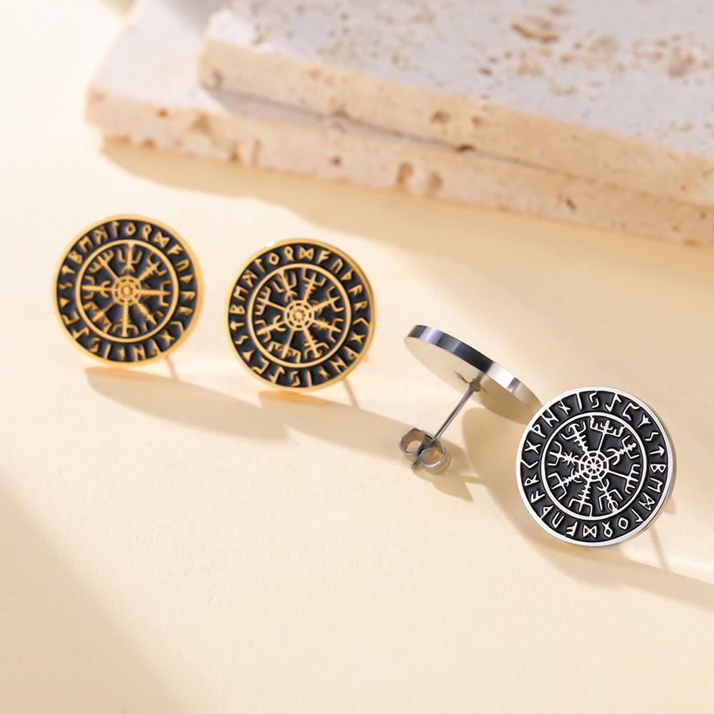 Dawapara Vegvisir Nordic Compass Stud Earrings Norse Mythology Protection Amulet Runes Stainless Steel Scandinavian Jewelry