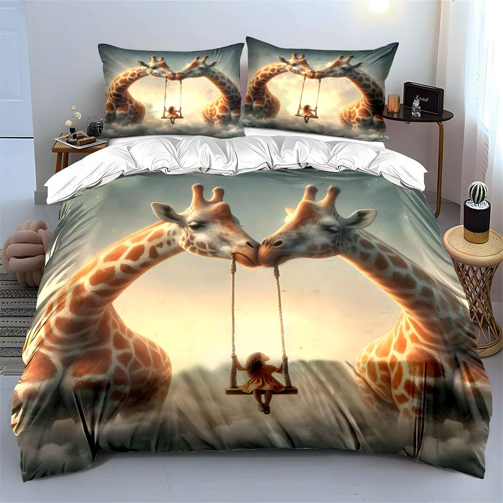 Ensemble de décoration balançoire girafe fantastique Housse de couette douce et confortable Ensemble de literie Comprend 1*Housse de couette & 2*Taies d'oreiller, Cadeau