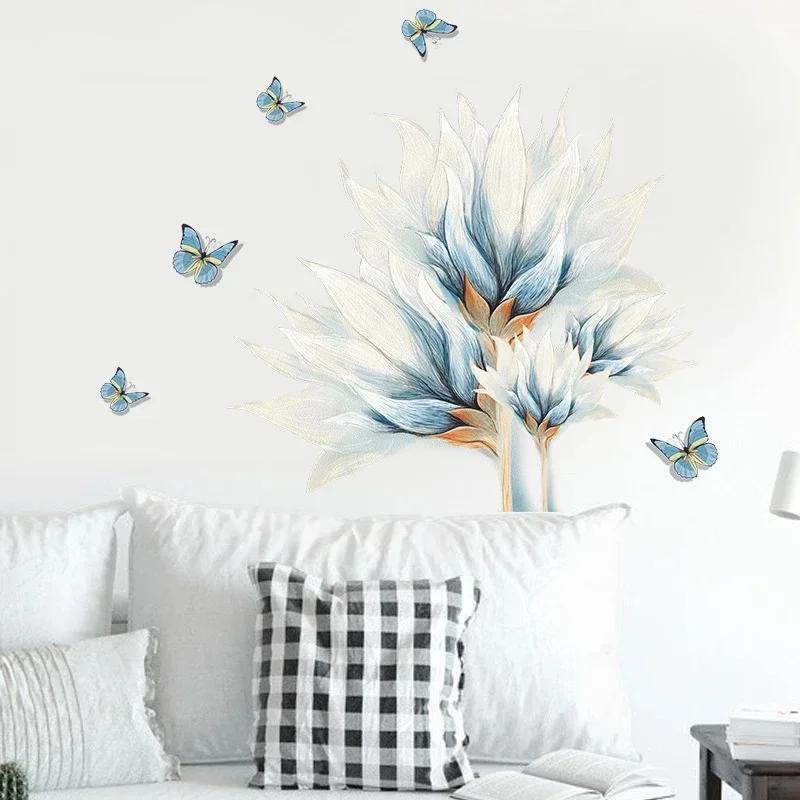 Watercolor Blue Flowers And Butterfly Wall Stickers For Living Room Bedroom Wall Decals Wardrobe Stickers PVC Removable Poster