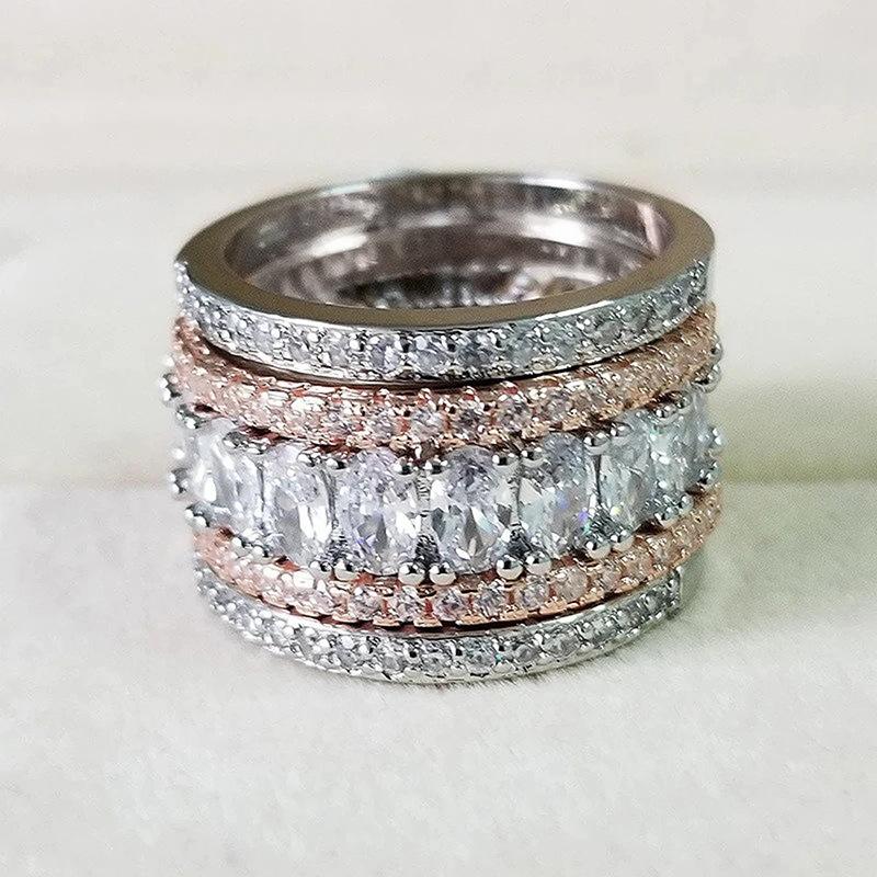 

2026 New Dual Color Oval Zircon Ring with European and American Style, Personalized and Niche Design, Geometric Banquet Zircon 6