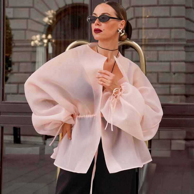 Womens V-Neck Sheer Solid Color Long