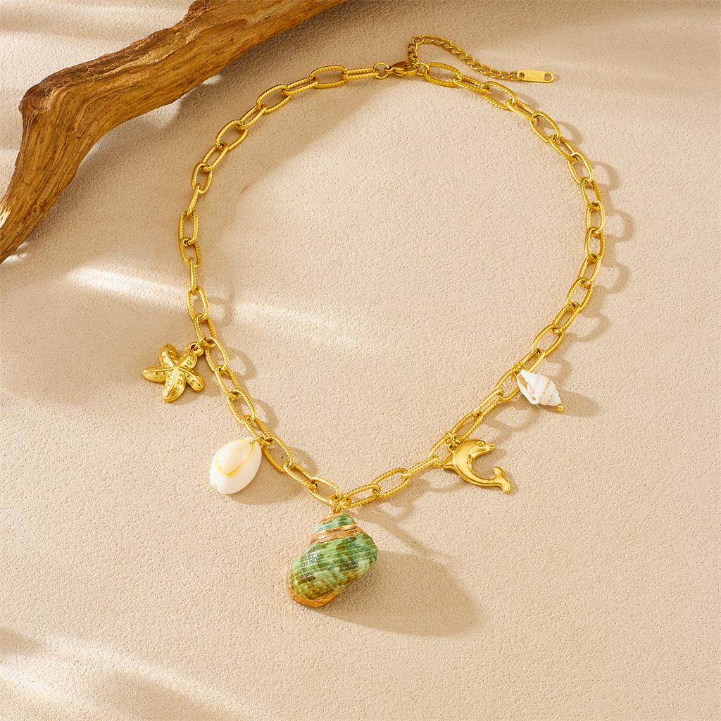 316L Stainless Steel Exquisite Green Conch Starfish Dolphin Shell Pendant Necklace Women Leisure Vacation Neck Chain