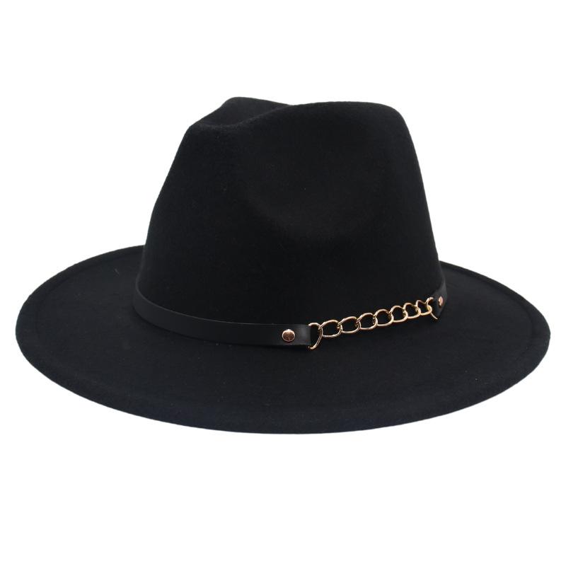 New Shanghai Gentleman Felt Hat, Belt, Iron Chain,Foreign Trade Top Hat, Light-Bottomed Fedora, Large Brim Hat