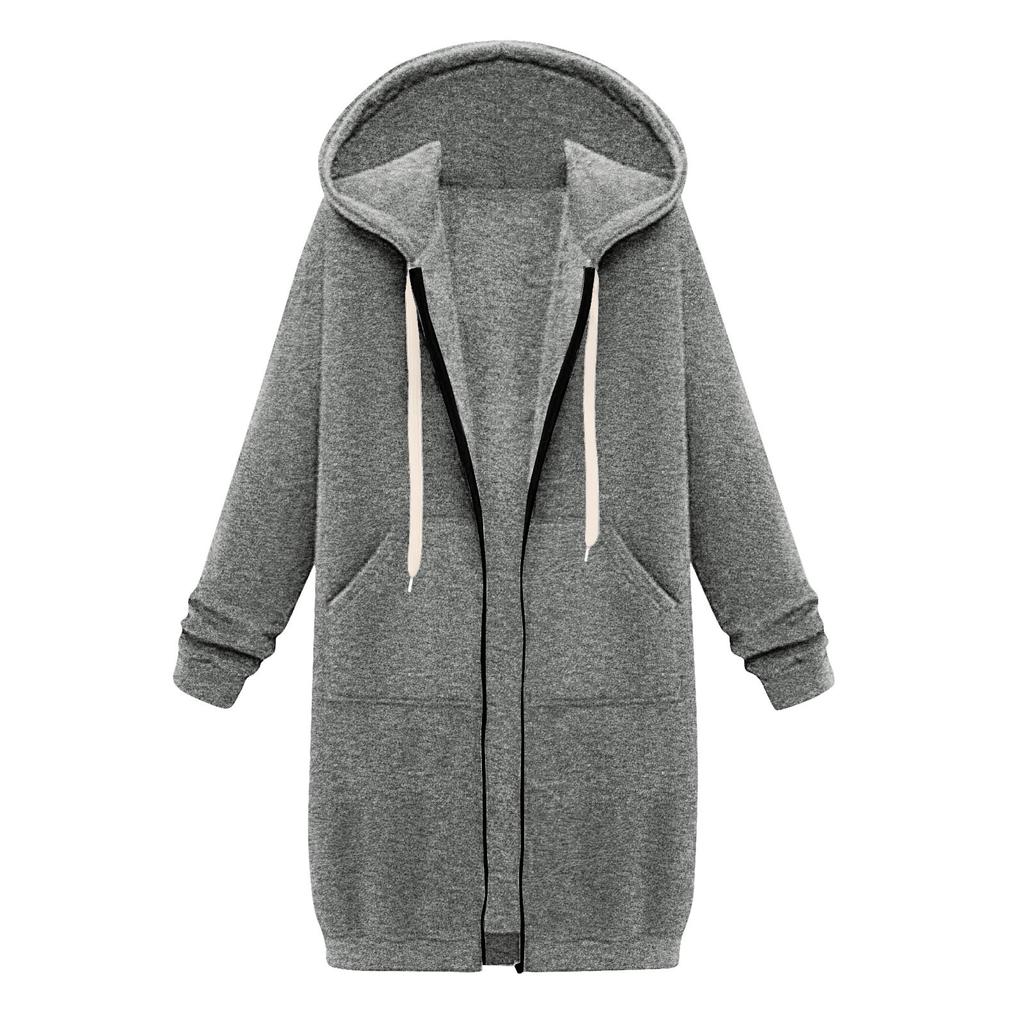Women's Casual Zip Up Hoodies Long Tunic Sweatshirt Winter Windproof Drawstring Hooded Jacket Outerwear With Pockets