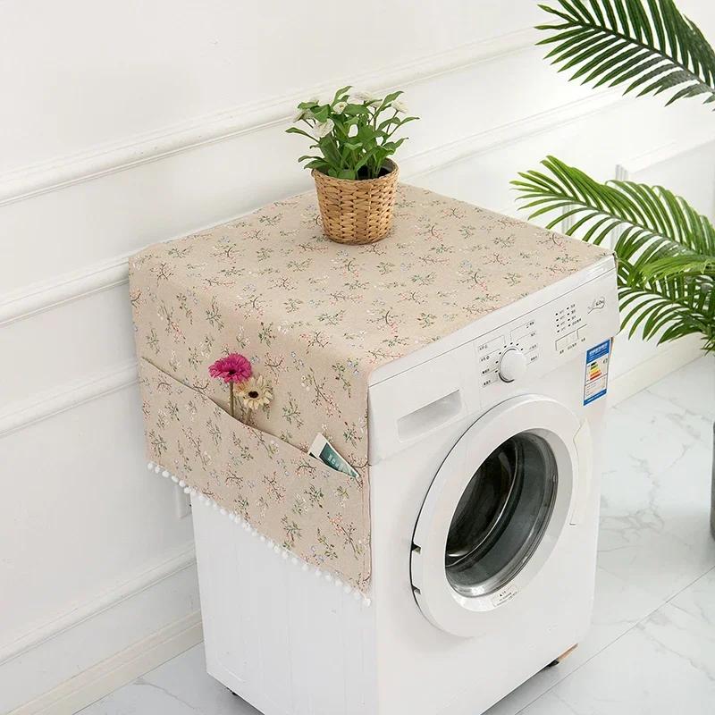 Drum Washing Machine Cover Dustproof Refrigerator Microwave Oven Cover with Pocket Protector Printing Cotton Household Dustcover
