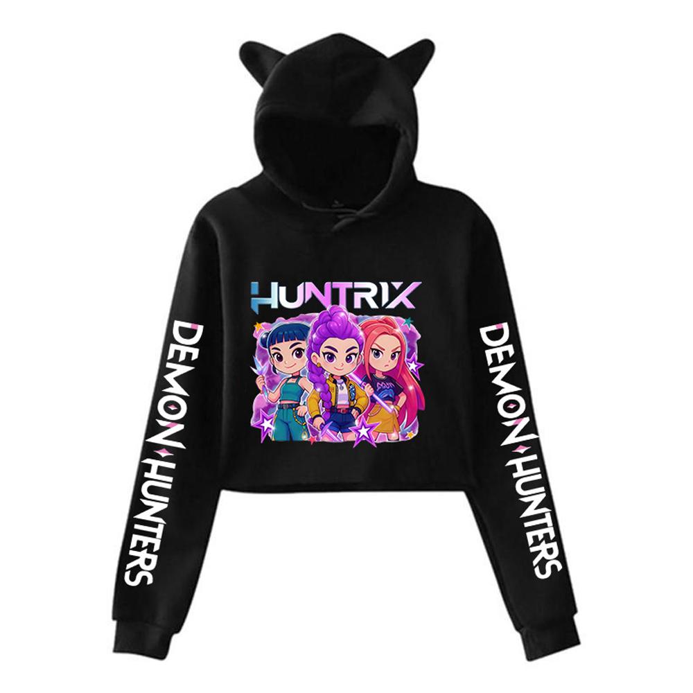 Kpop Demon Hunters Short Cropped Top with Cat Ear Long-sleeved Fashionable Hooded Sweatshirt for Girls.
