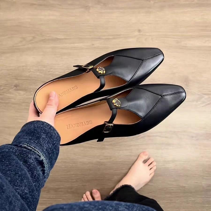 Cowhide Version~ Retro Pointed Camellia Cool Slippers Women Wear Leather Thick Heels Single Shoes