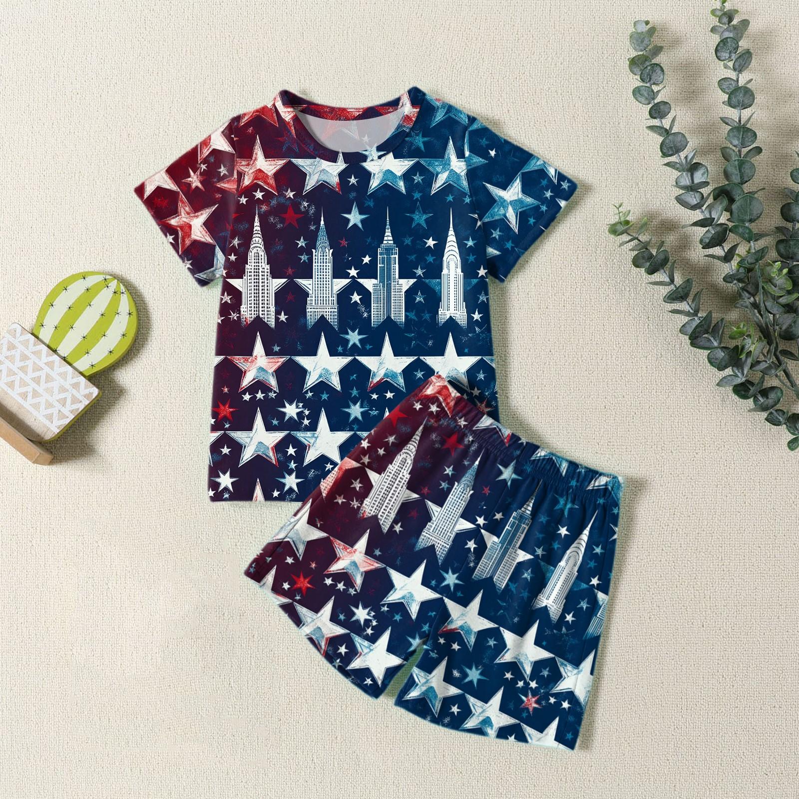 

Мода для мальчиков девочек Повседневный комплект ко Дню независимости: футболка с круглым вырезом и короткими рукавами, шорты 140