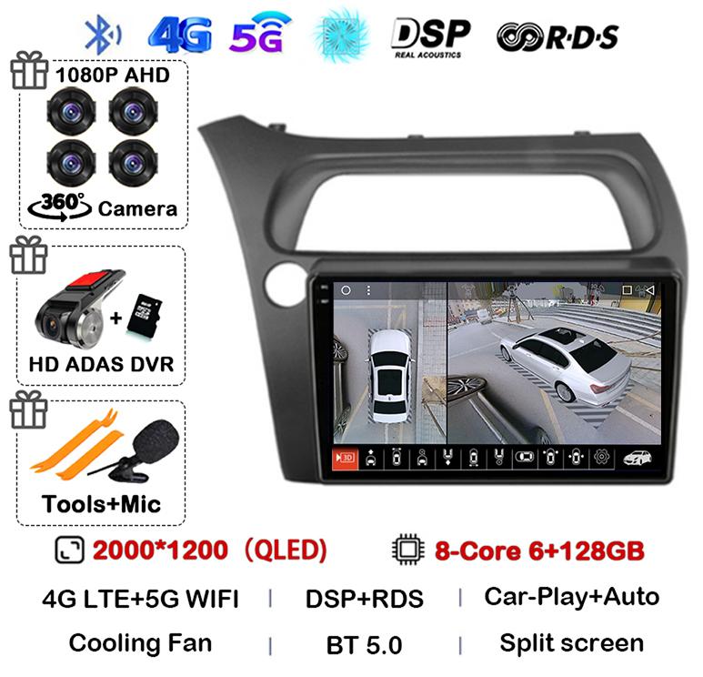 Android 14 WIFI+4G Carplay Car Radio For Honda Civic Hatchback 2006 2007 2008 2009 2010 2011 Multimidia Video Player GPS Stereo