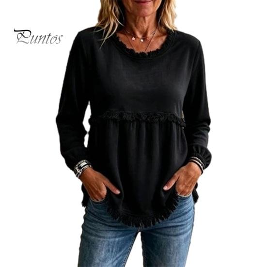 Autumn Outfit Women Fall O-Neck Shirt, Loose Fit Casual Fringe Blouse, Solid Long Sleeve Pullover Color Ruffle Top with Tassels Shirt