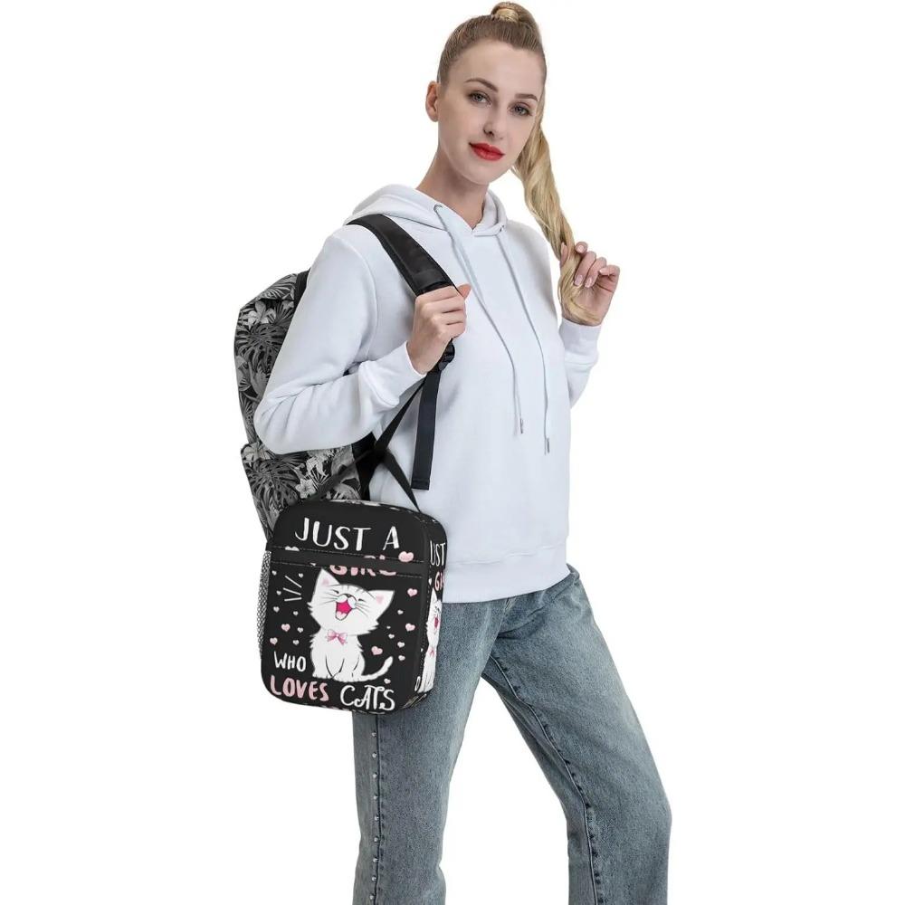 Lunchtasche Schwarz Weiße Katze Isolierte Lunchbox Damen mit Schultergurt, Thermische Wiederverwendbare Arbeits-Lunch-Kühltasche